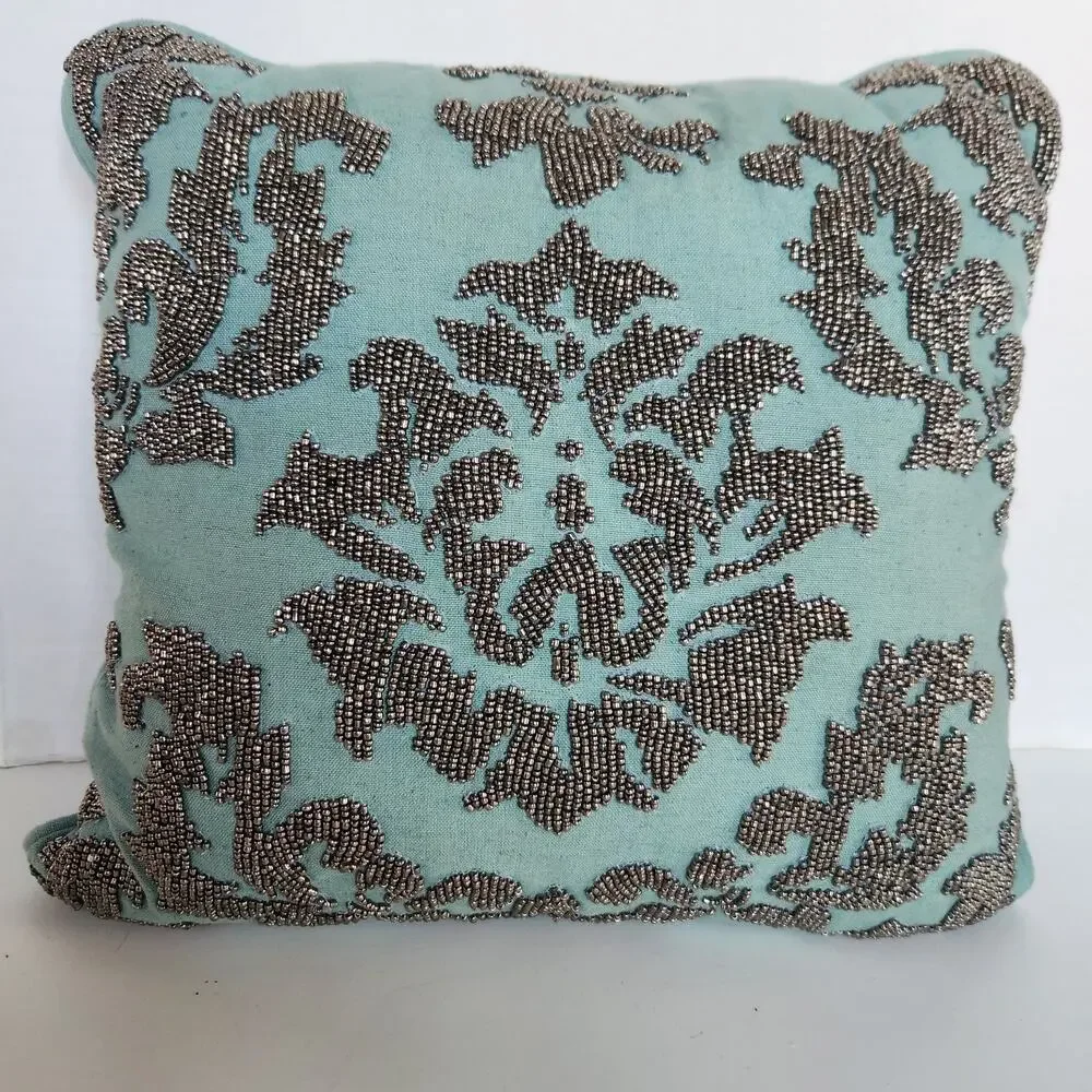 Vintage Decorative Metallic Silver Beaded Teal Blue Accent Pillow 12